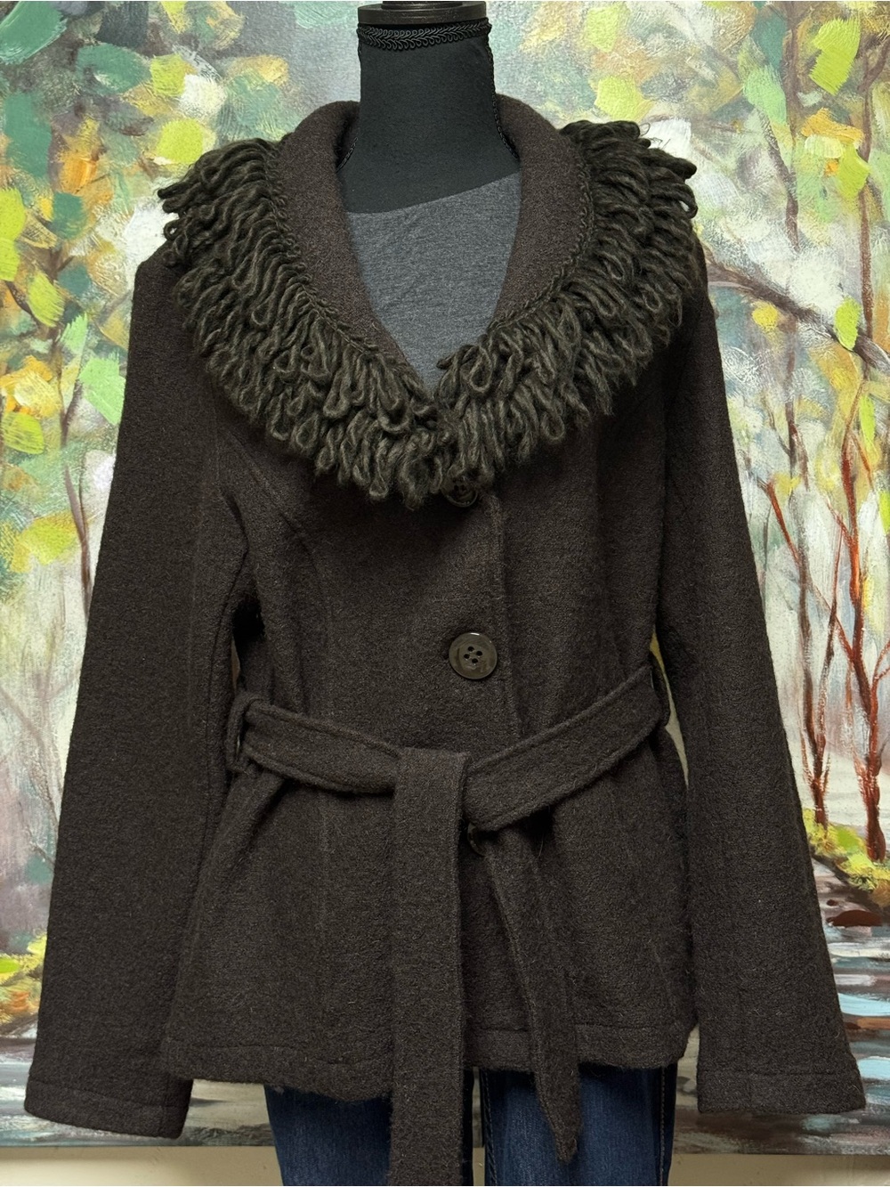 Cynthia Rowley XL Black 100% Boiled Wool Belted Coat Loop Shawl Collar